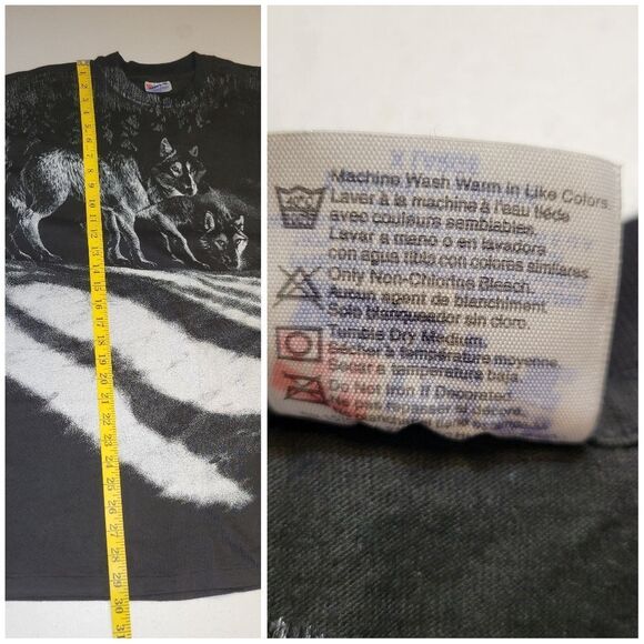 Harlequin 90s Single Stitch Black All Over Graphic Wolf Pack Tee T-Shirt Vintage - Picture 10 of 10